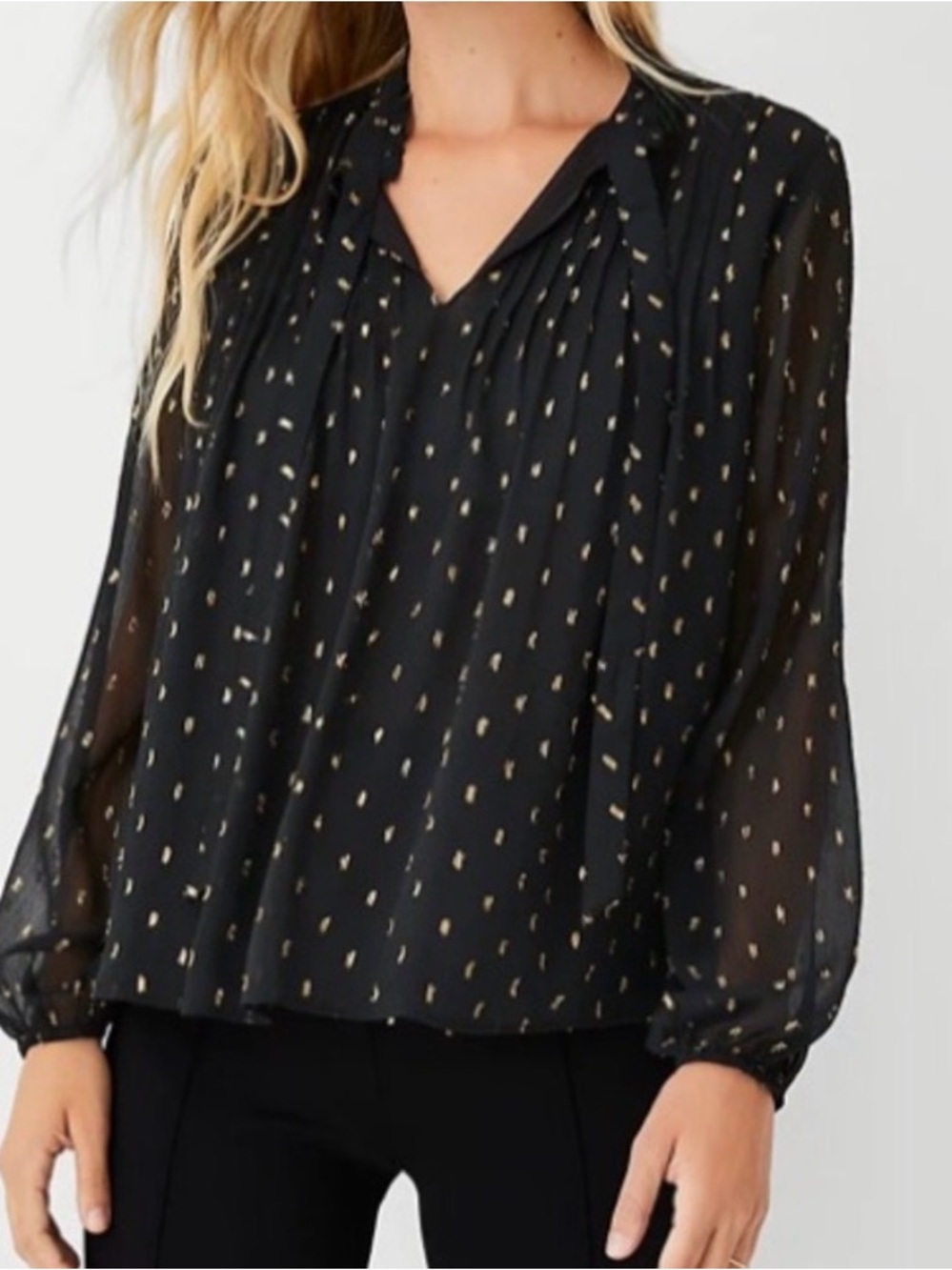 Ann Taylor Black Metallic Dot Long-Sleeve Blouse - Women NWT L
